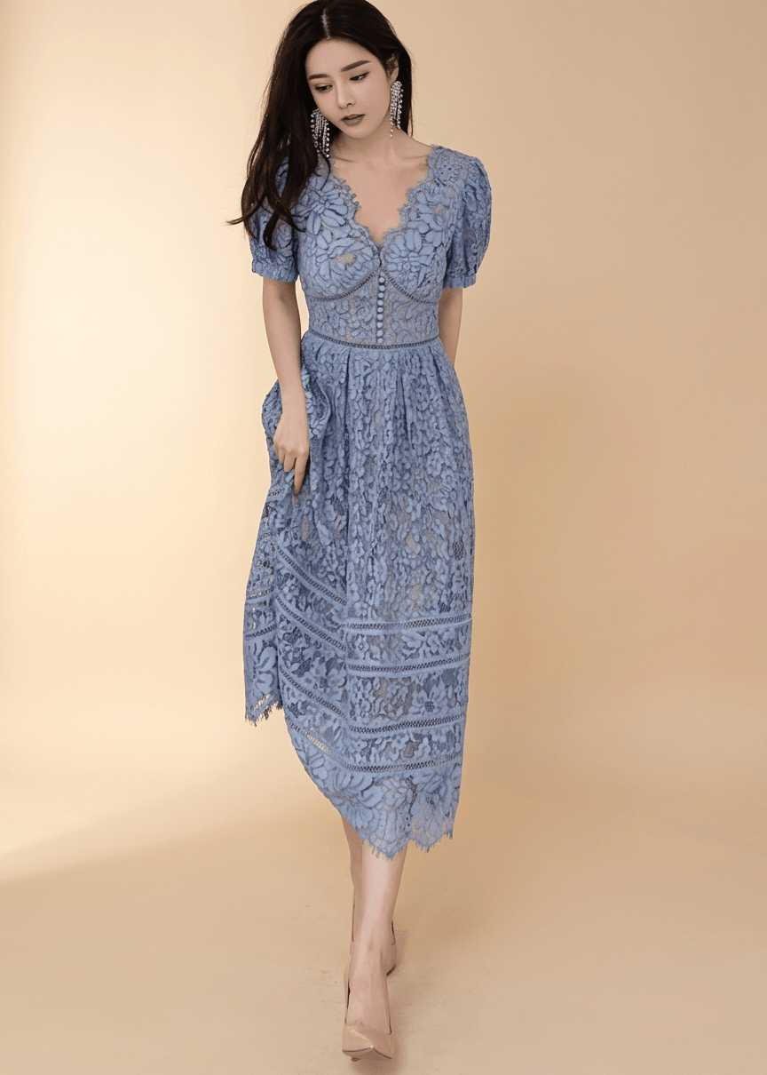 スカラップレースパフスリーブフレアドレス - Vera Lumina