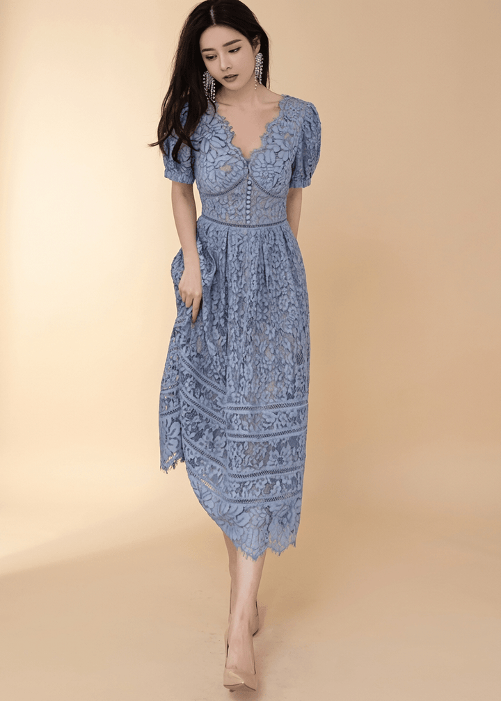 スカラップレースパフスリーブフレアドレス - Vera Lumina