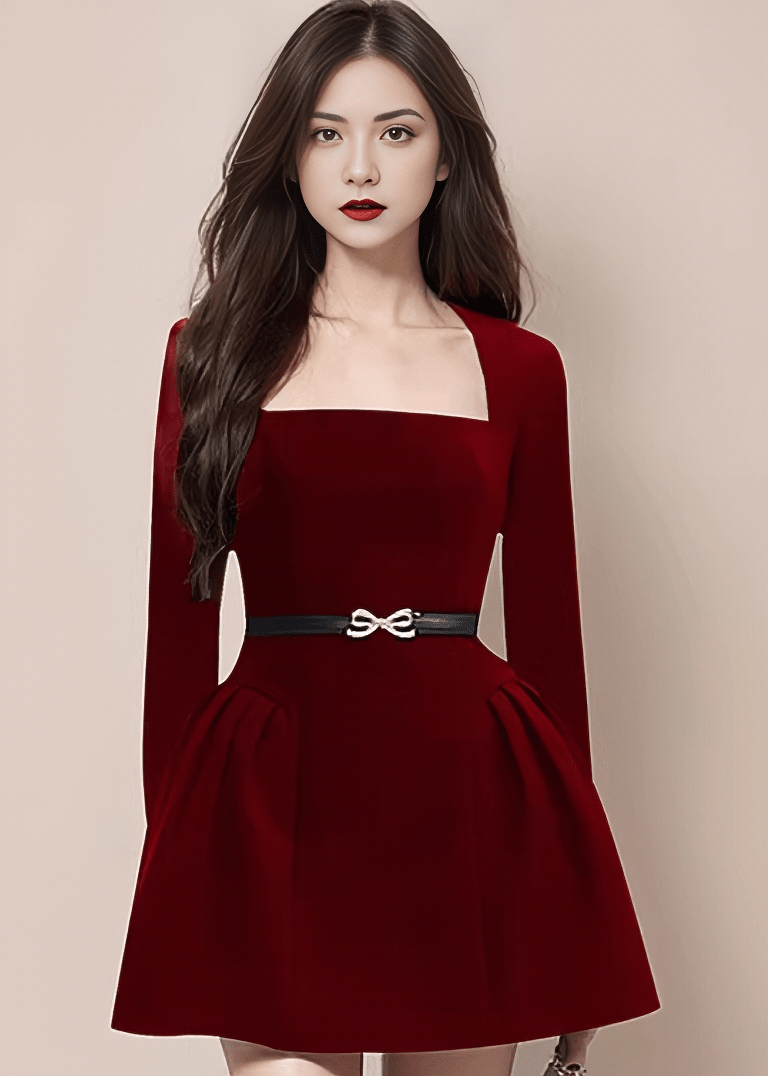 スクエアネックリボンベルトフレアドレス - Vera Lumina