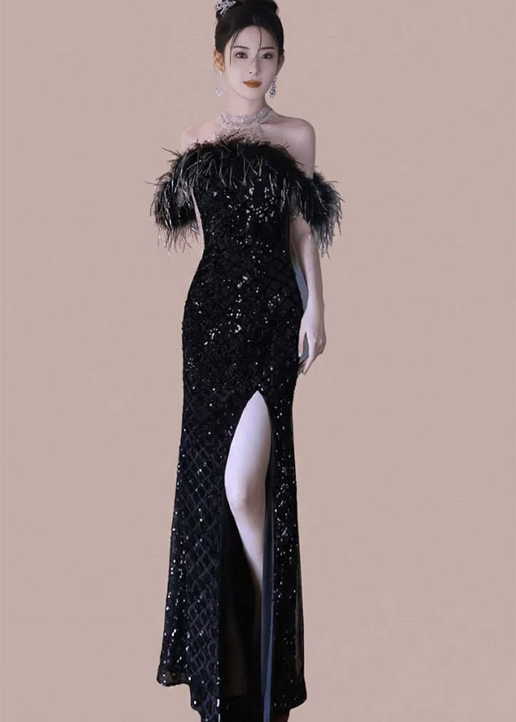 フェザーオフショルダーキラキラロングドレス - Vera Lumina