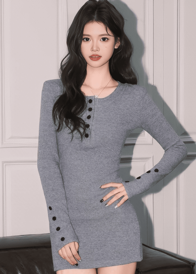 フロントボタンリブタイトミニワンピース - Vera Lumina