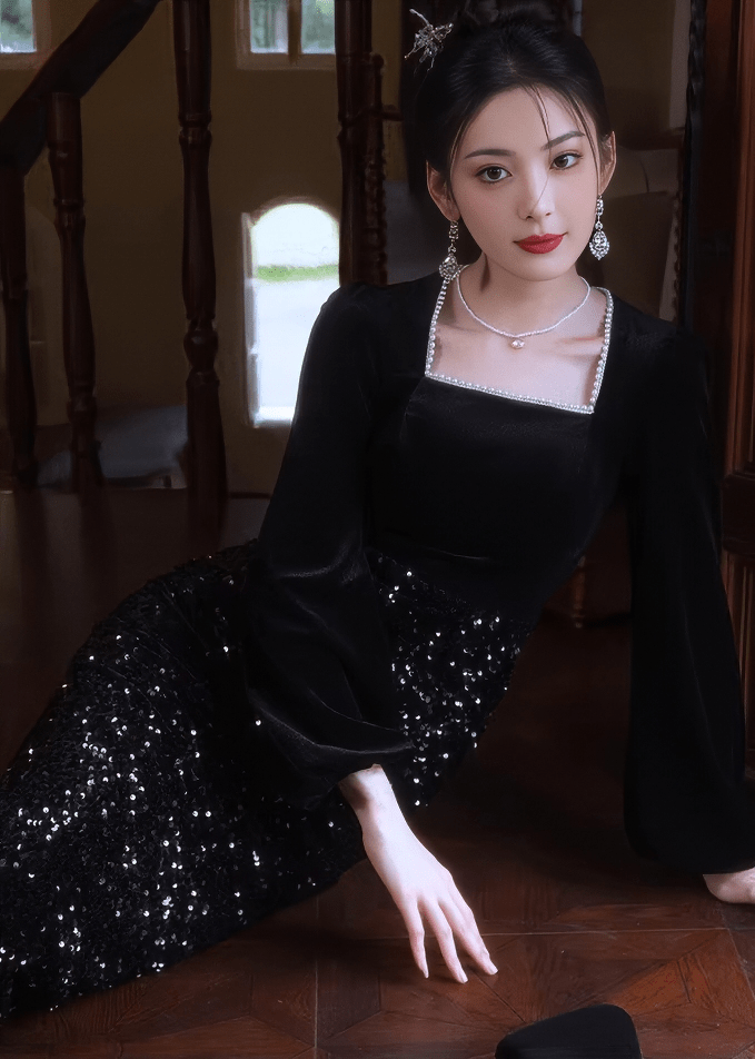 スクエアネックビジューマーメイドドレス - Vera Lumina