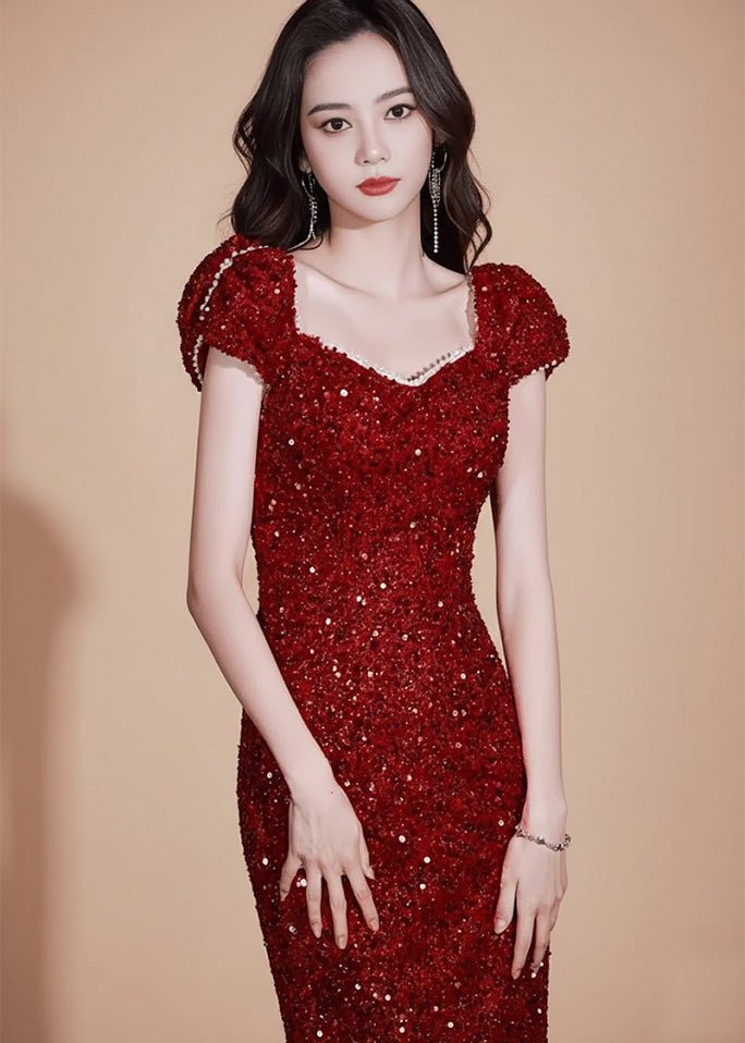 パールビジューパフスリーブスパンコールドレス - Vera Lumina