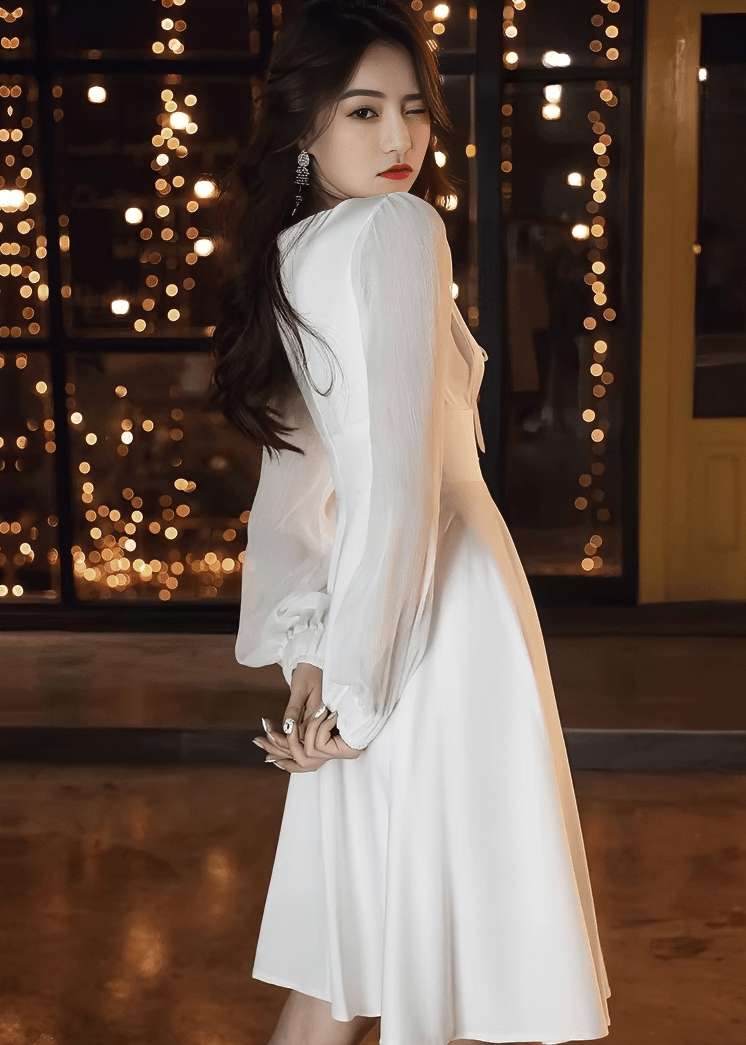 フロントリボンシアーパフスリーブフレアドレス - Vera Lumina