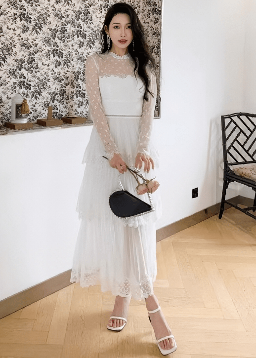 ドットチュールレースティアードプリーツドレス - Vera Lumina