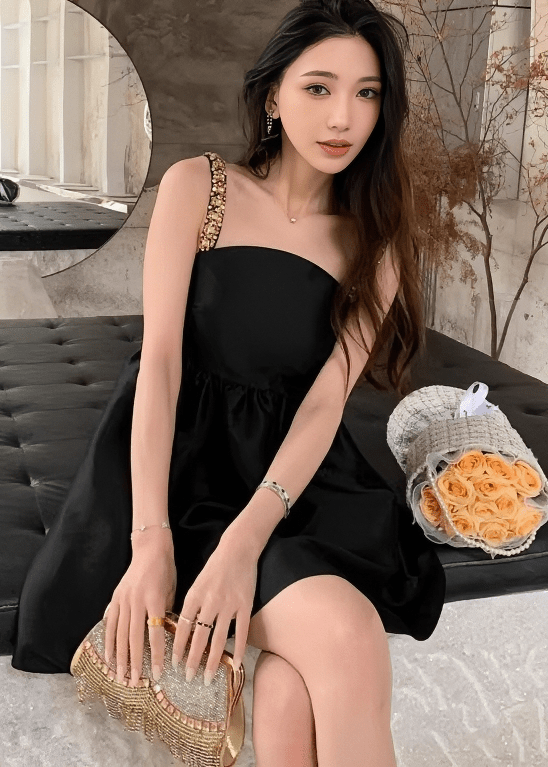 ビジューストラップサテンギャザーフレアドレス - Vera Lumina