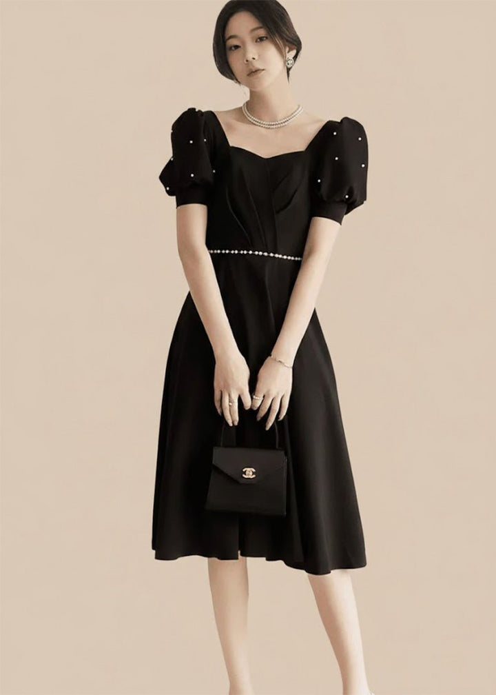 パールビジューパフスリーブフレアドレス - Vera Lumina