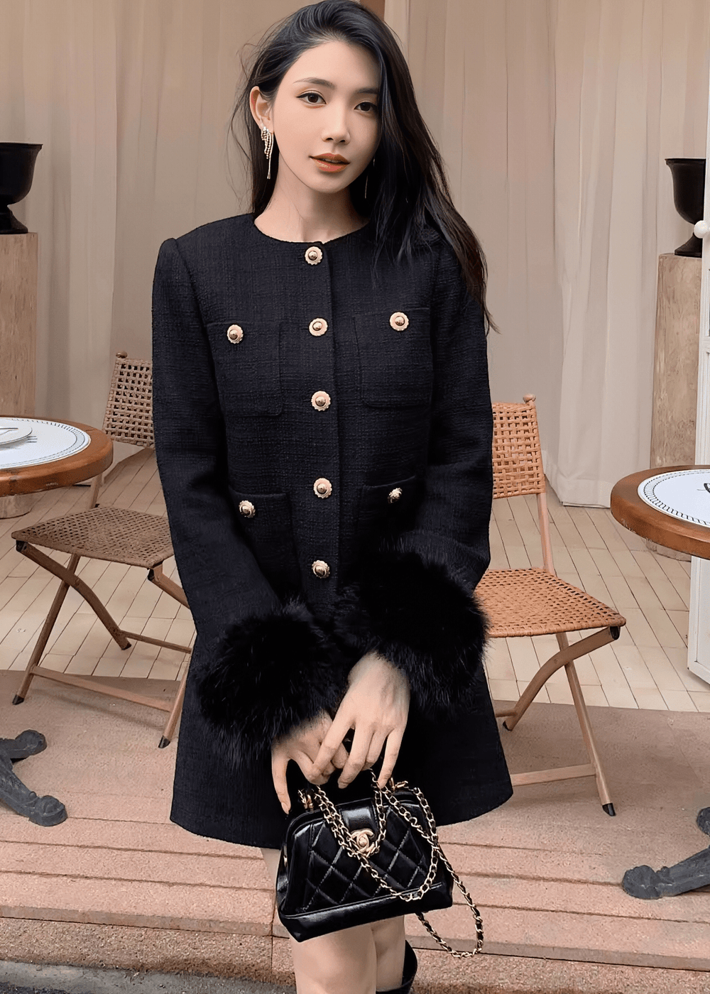 スリーブファーノーカラージャケット＆ミニスカート - Vera Lumina