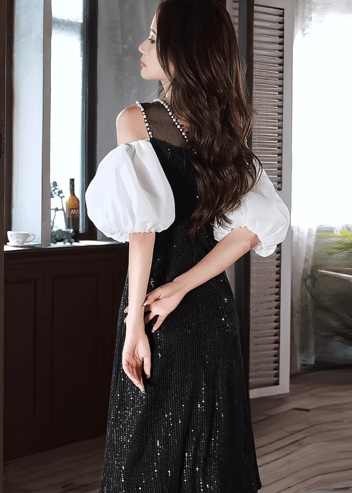 パールビジューボリュームパフスリーブフレアドレス - Vera Lumina