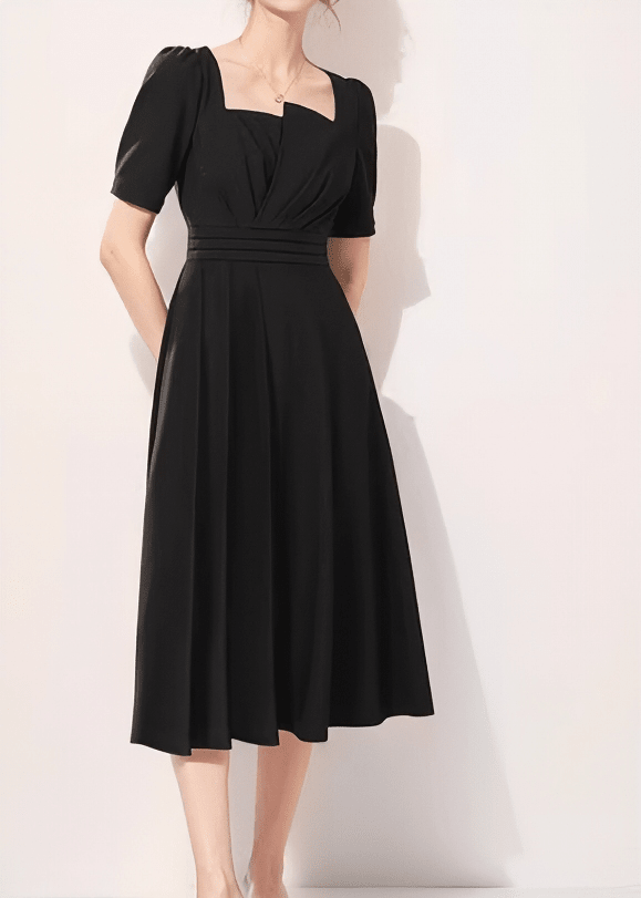 アシンメトリーパフスリーブタックフレアドレス - Vera Lumina