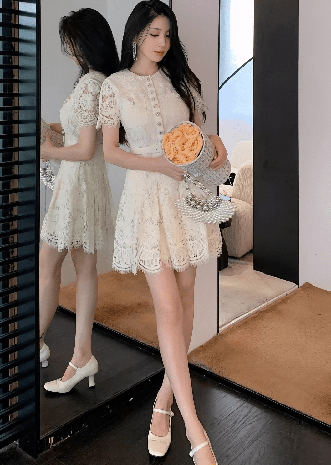 ビジューボタンスカラップレースドレス - Vera Lumina