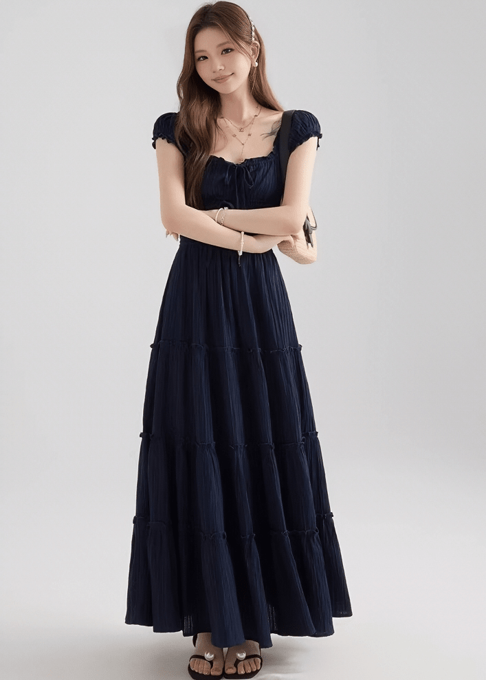 スモッキングリボンフレアマキシドレス - Vera Lumina