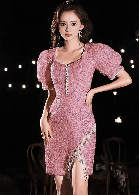 ビジューグリッターパフスリーブフリンジドレス - Vera Lumina