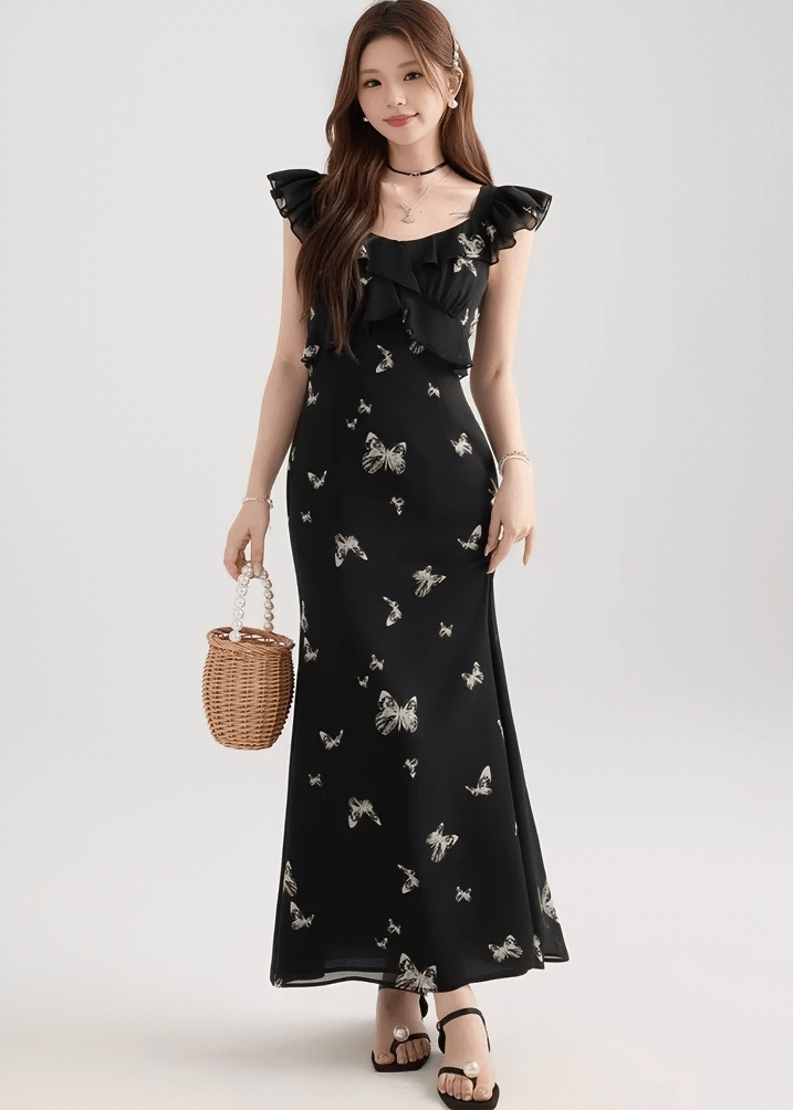 バタフライフリルスリーブマーメイドドレス - Vera Lumina