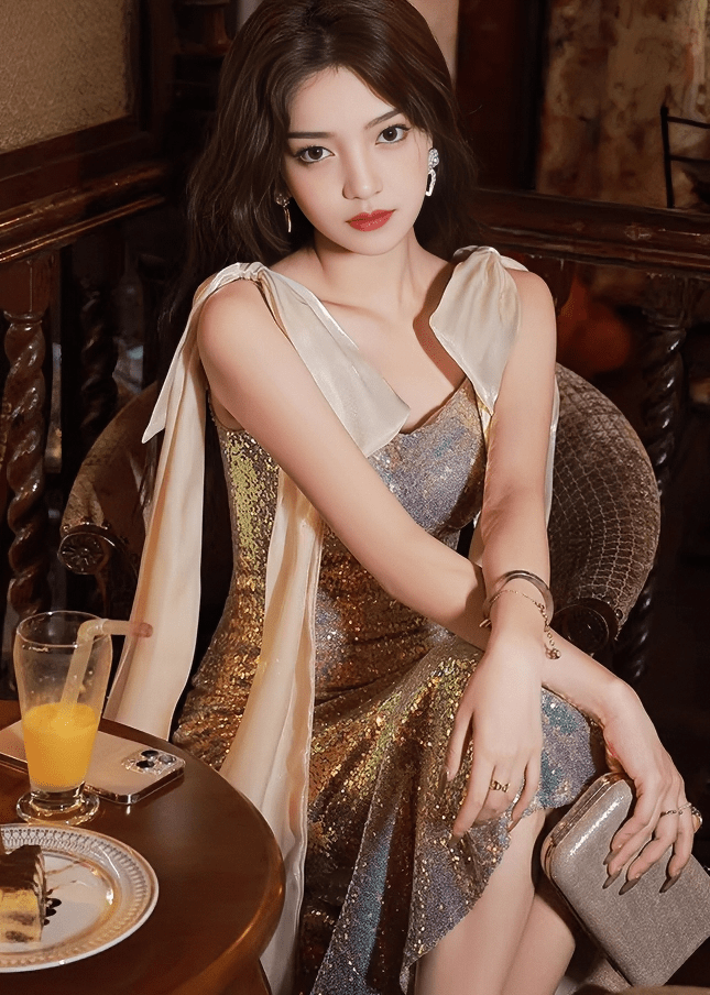 ショルダリボンスパンコールマーメイドドレス - Vera Lumina