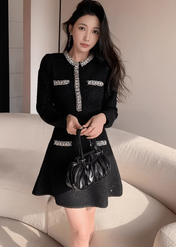 ビジューラインラメツイードフレアニットドレス - Vera Lumina