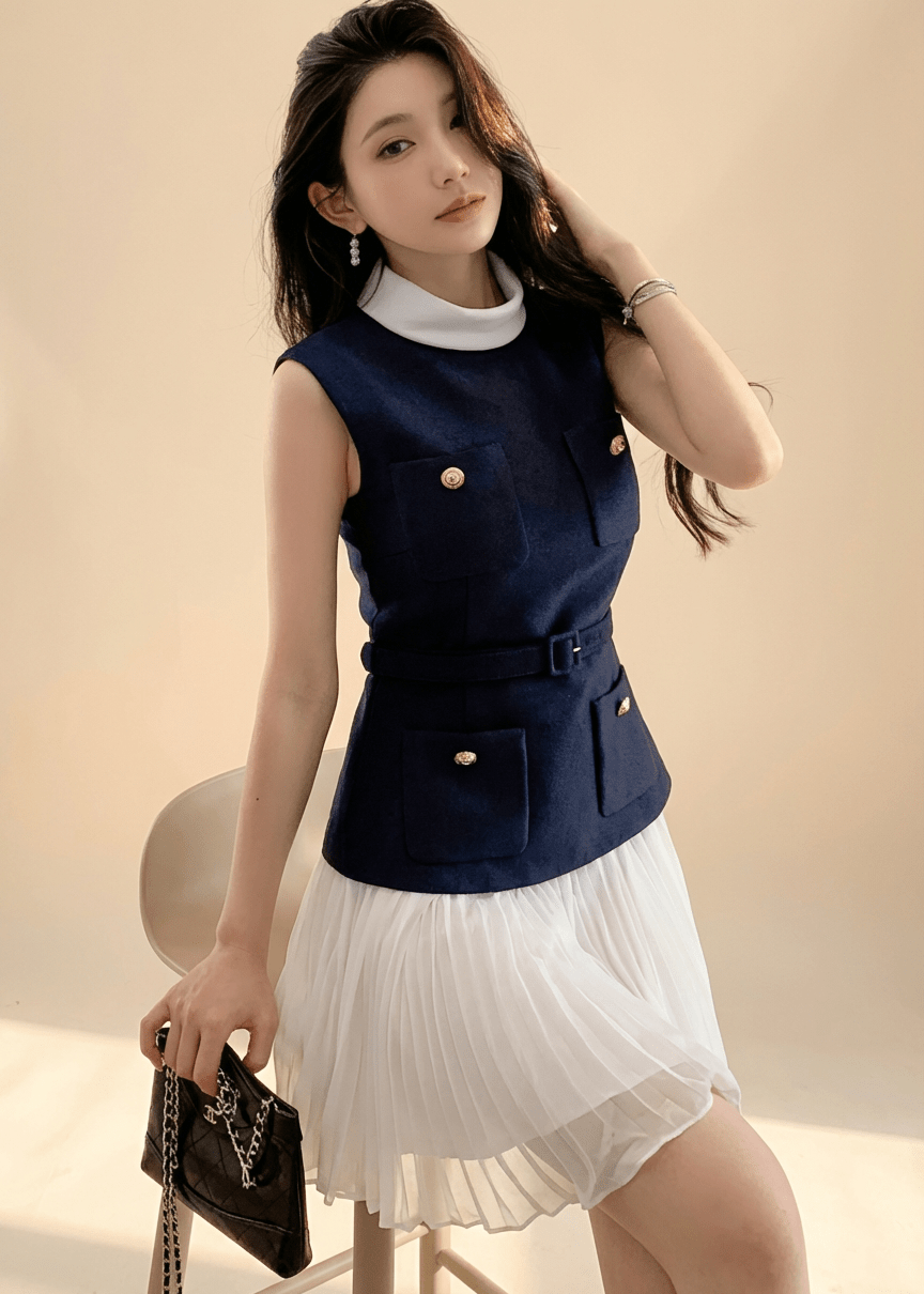 バイカラーハイネックシフォンプリーツドレス - Vera Lumina