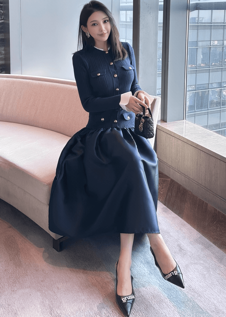 バイカラーパフスリーブバルーンシルエットドレス - Vera Lumina