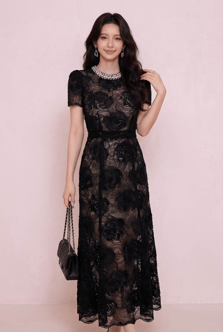 ビジューネックローズモチーフマーメイドドレス - Vera Lumina