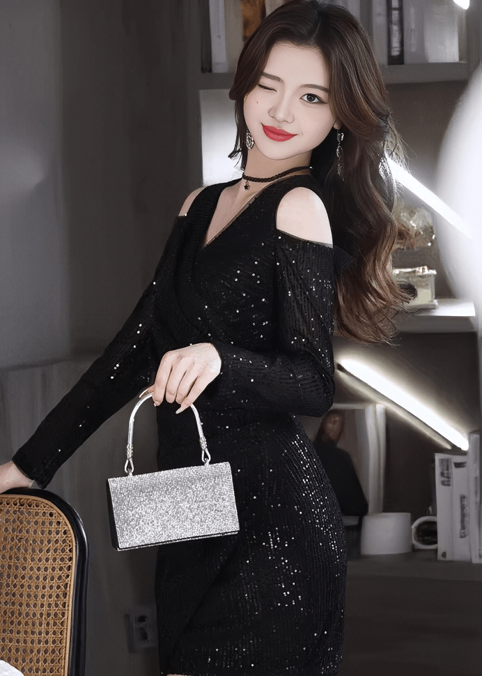 ビジューグリッターコールドショルダードレス - Vera Lumina