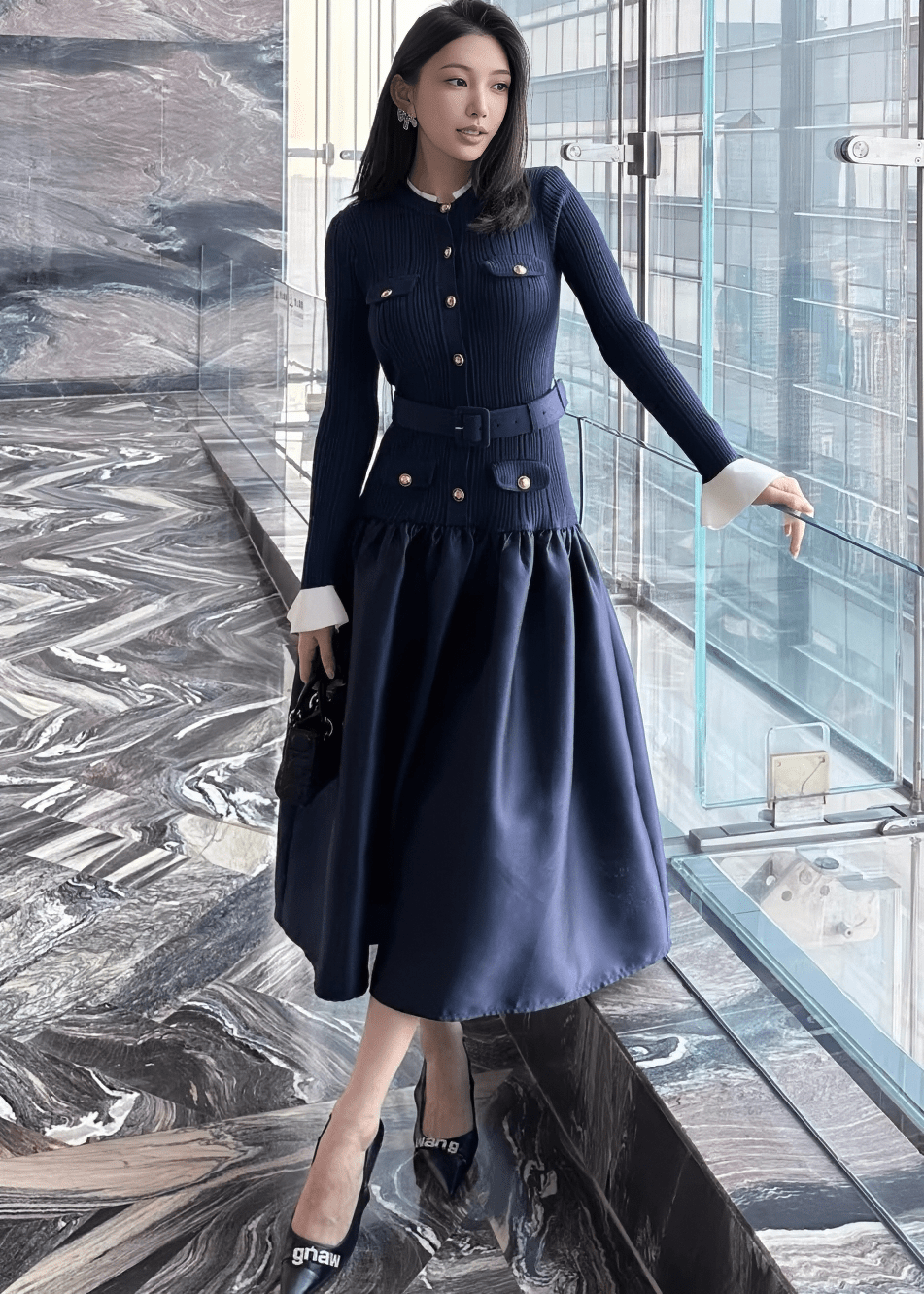 バイカラーパフスリーブバルーンシルエットドレス - Vera Lumina