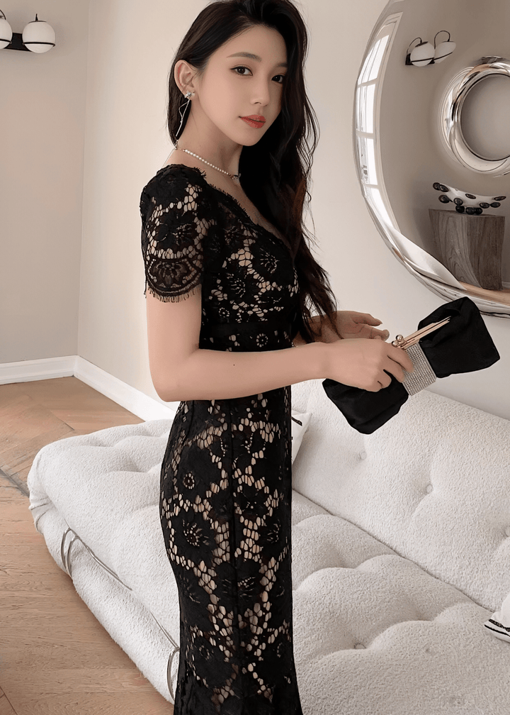 スカラップレースウエストリボンマーメイドドレス - Vera Lumina