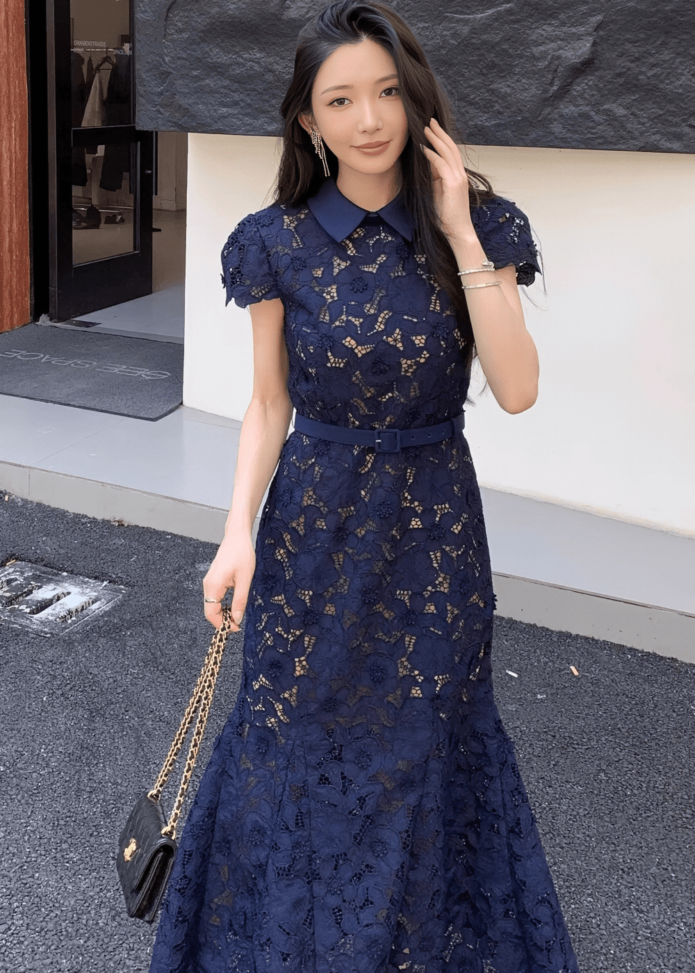 カラーベルトレースマーメイドドレス - Vera Lumina