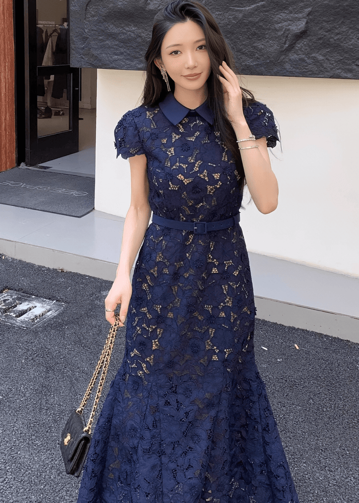 カラーベルトレースマーメイドドレス - Vera Lumina