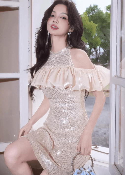 ビジューネックフリルオフショルダードレス - Vera Lumina