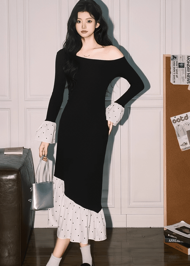 オフショルダーアシメドットマーメイドワンピース - Vera Lumina