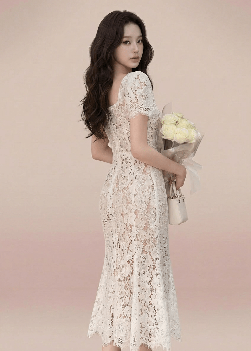 スクエアネックベルトレースマーメイドドレス - Vera Lumina