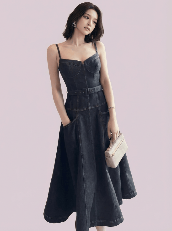 コルセットラインベルトフレアデニムドレス - Vera Lumina