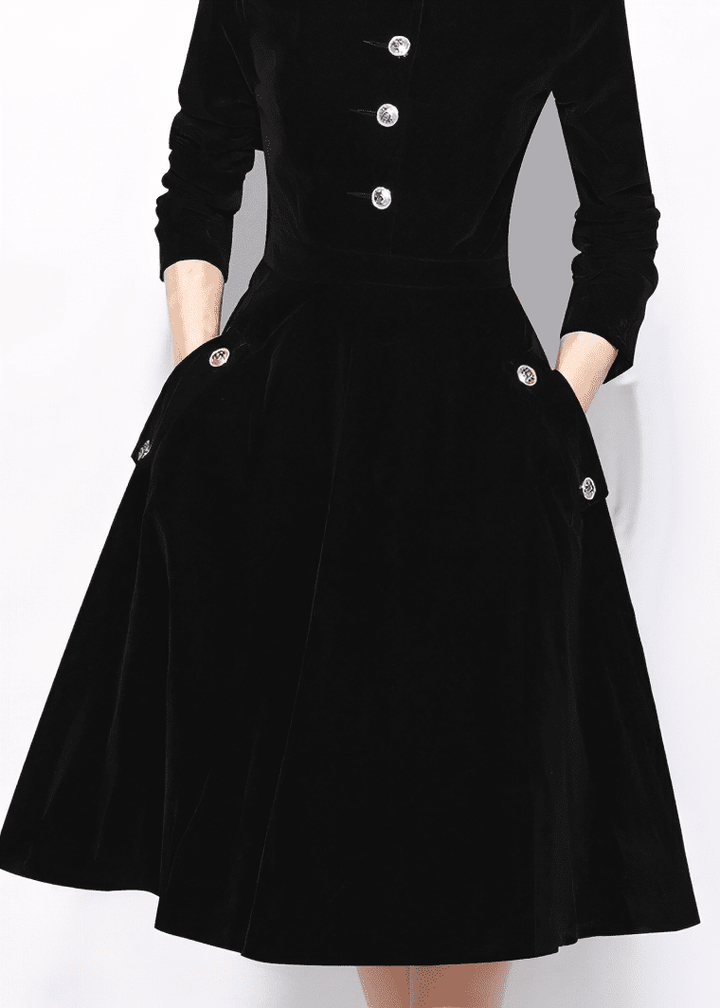 ビジューボタンスタンドカラーフレアワンピース - Vera Lumina