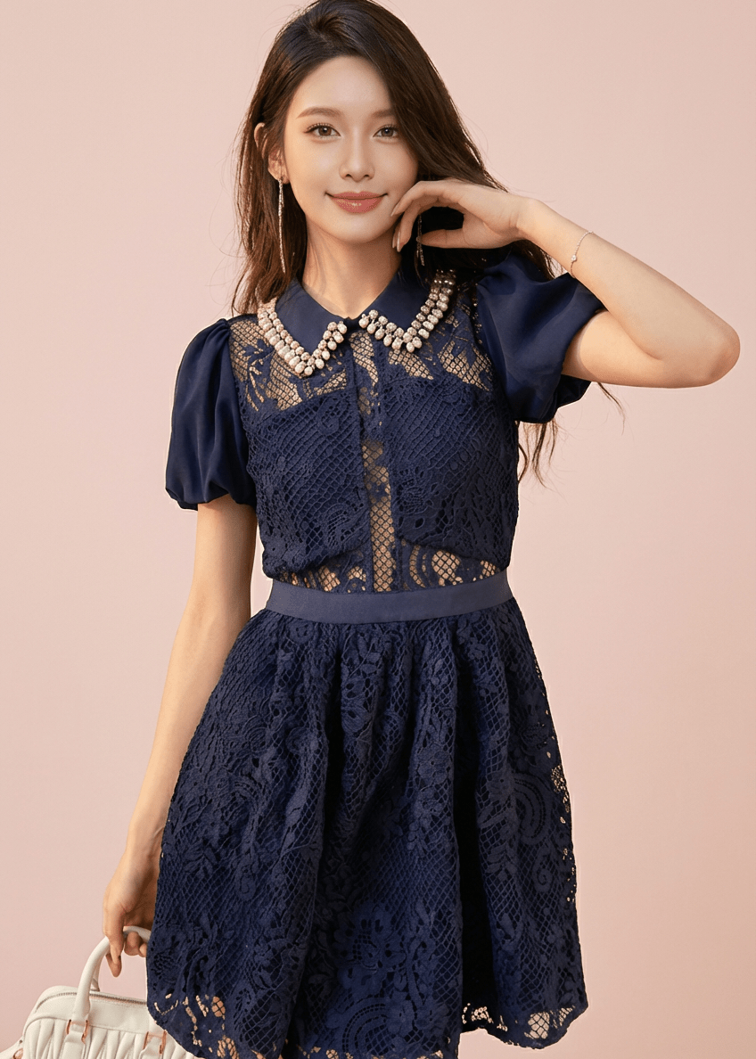 ビジューカラーシアーレースパフスリーブドレス - Vera Lumina