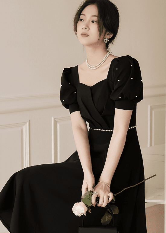 パールビジューパフスリーブフレアドレス - Vera Lumina