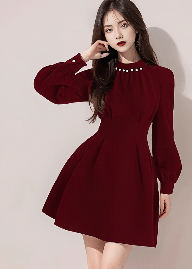 パールネックパフスリーブフレアドレス - Vera Lumina