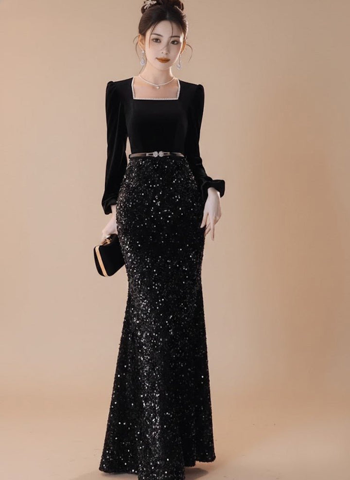 スクエアネックビジューマーメイドドレス - Vera Lumina