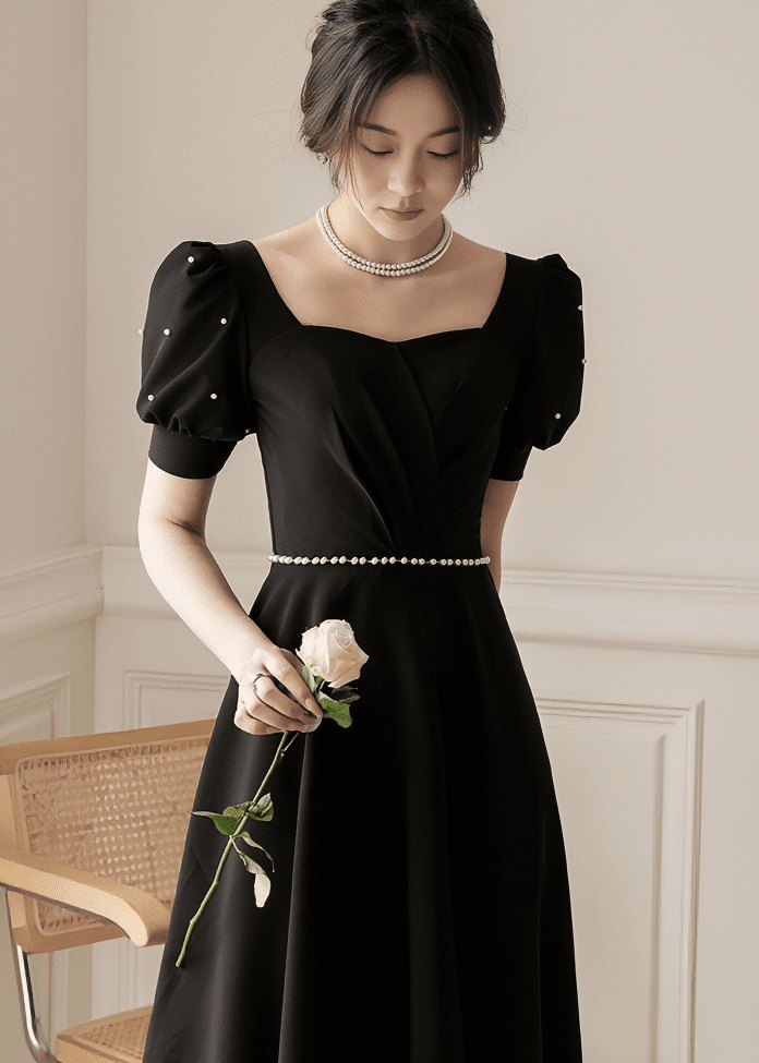 パールビジューパフスリーブフレアドレス - Vera Lumina