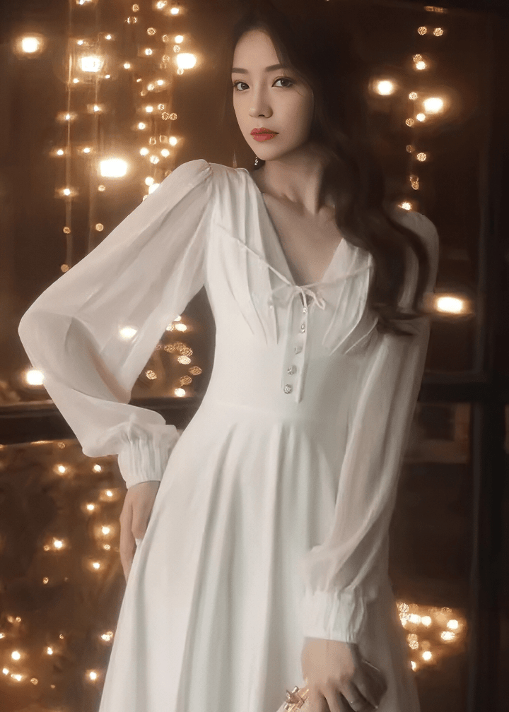 フロントリボンシアーパフスリーブフレアドレス - Vera Lumina