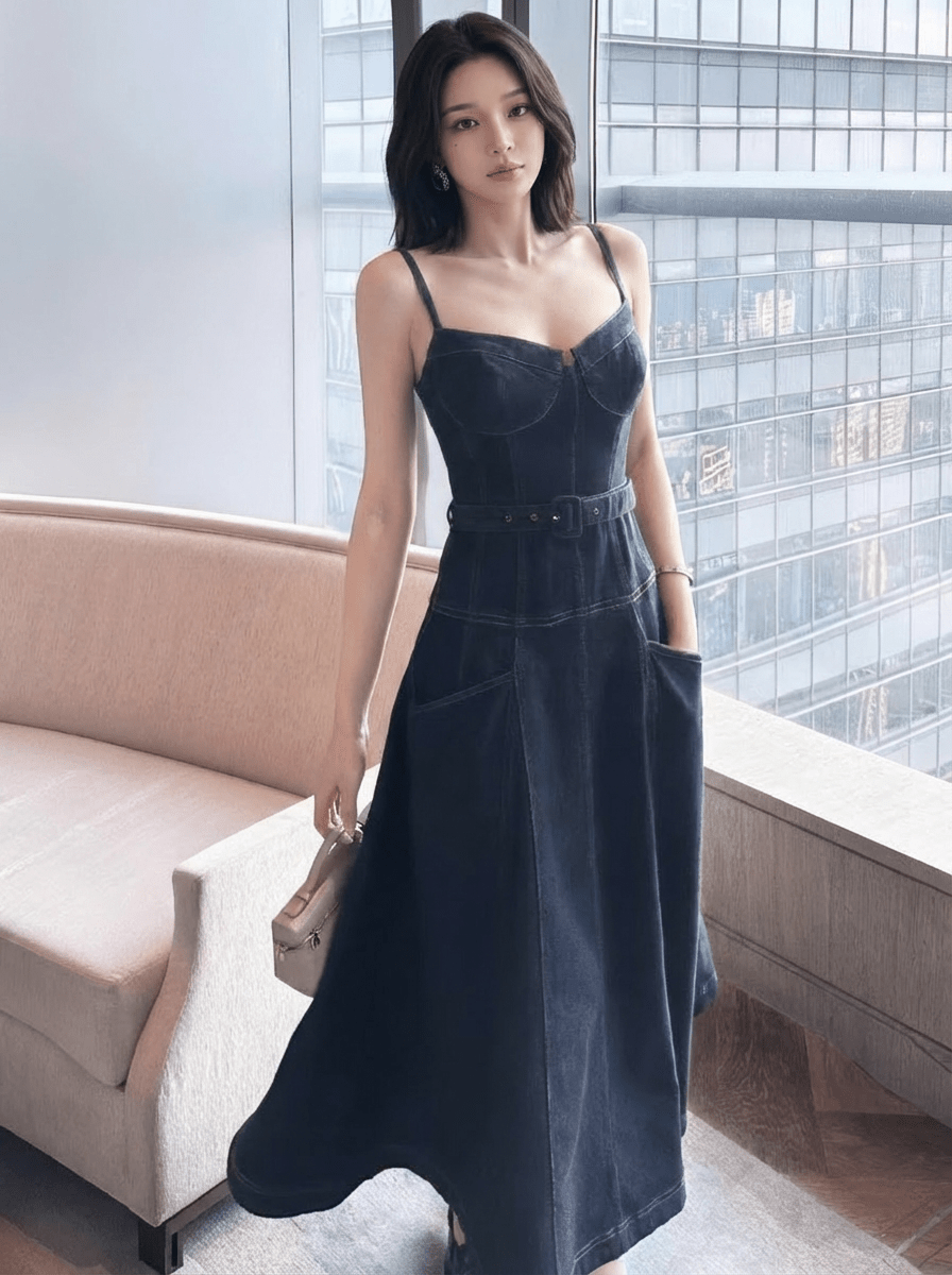 コルセットラインベルトフレアデニムドレス - Vera Lumina