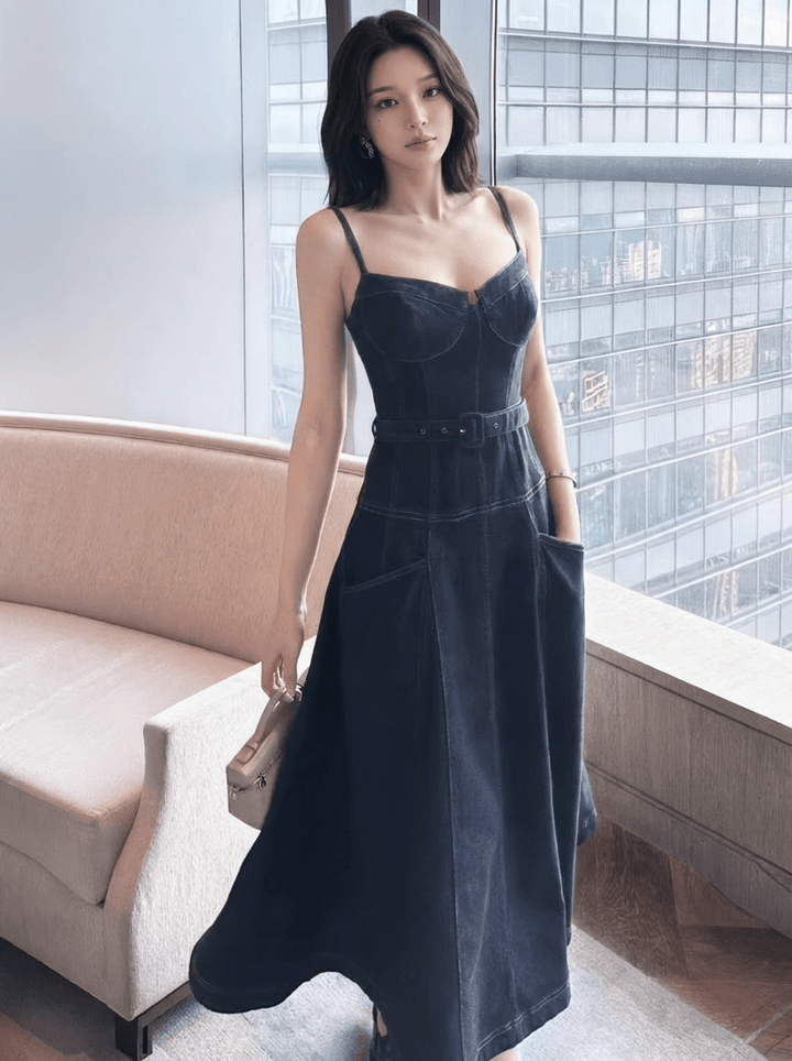 コルセットラインベルトフレアデニムドレス - Vera Lumina