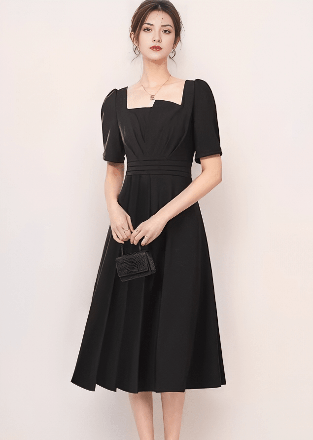 アシンメトリーパフスリーブタックフレアドレス - Vera Lumina