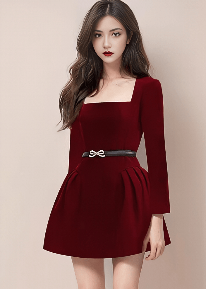 スクエアネックリボンベルトフレアドレス - Vera Lumina