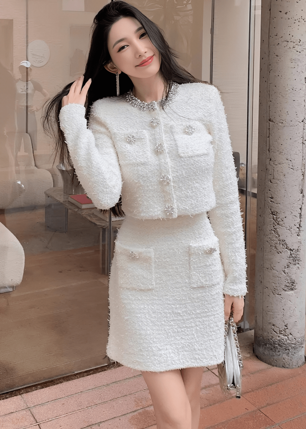 ビジューネックツイードジャケット＆ミニスカート - Vera Lumina