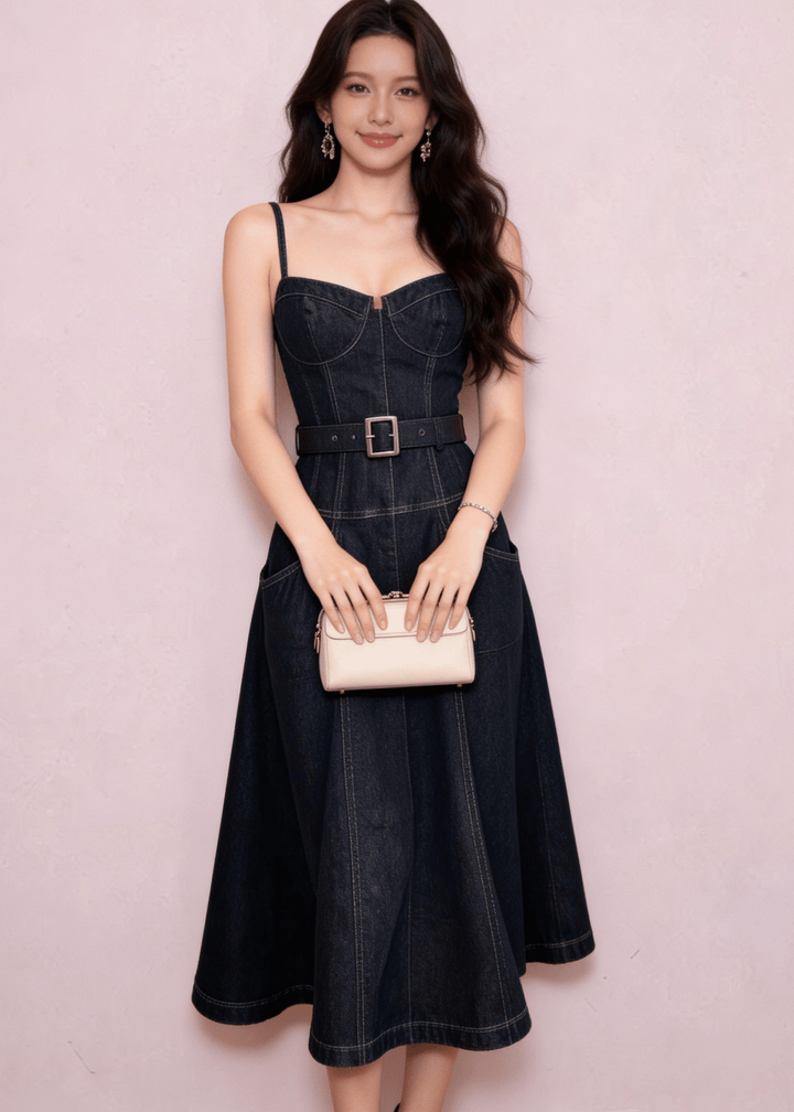 コルセットラインベルトフレアデニムドレス - Vera Lumina