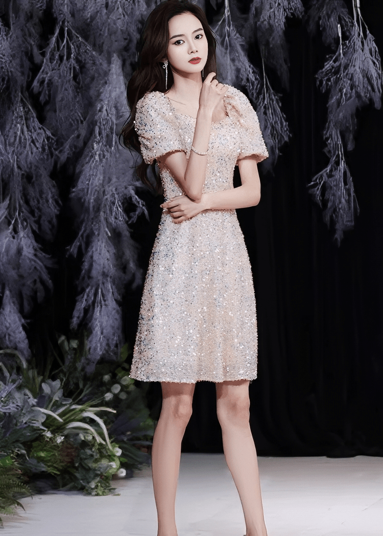 オーロラスパンコールパフスリーブフレアドレス - Vera Lumina