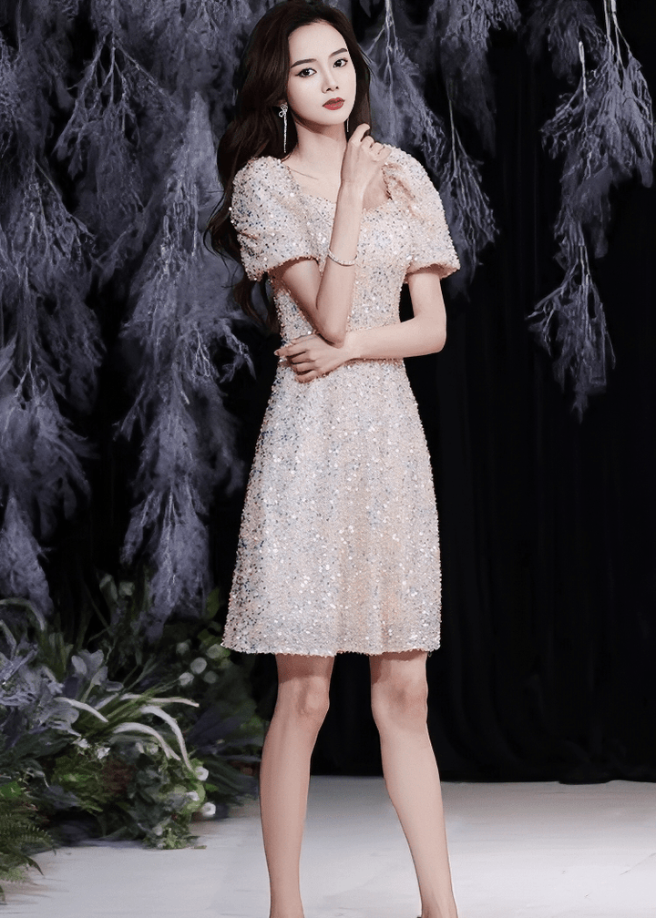 オーロラスパンコールパフスリーブフレアドレス - Vera Lumina