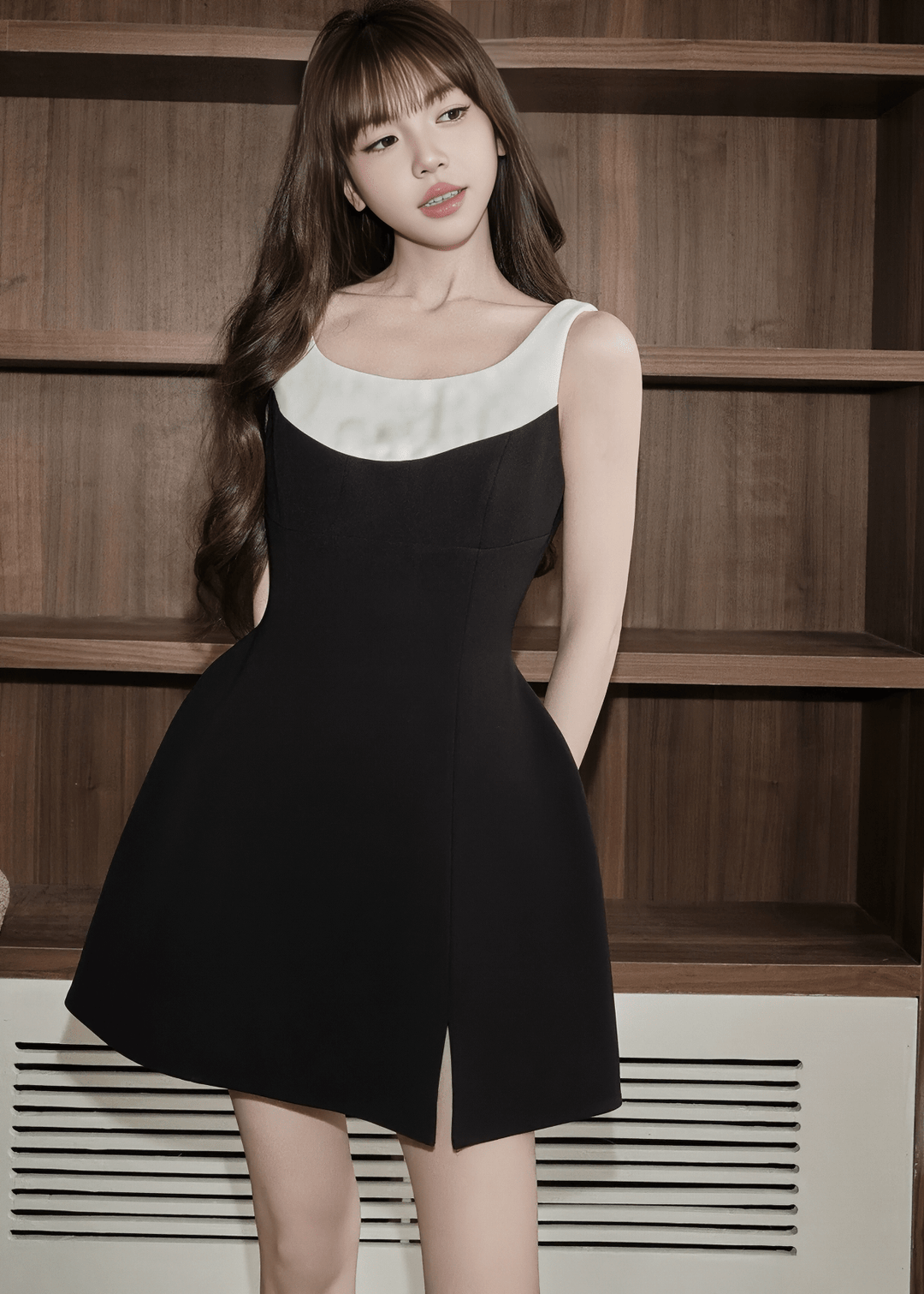 バイカラーラウンドネックフレアドレス - Vera Lumina