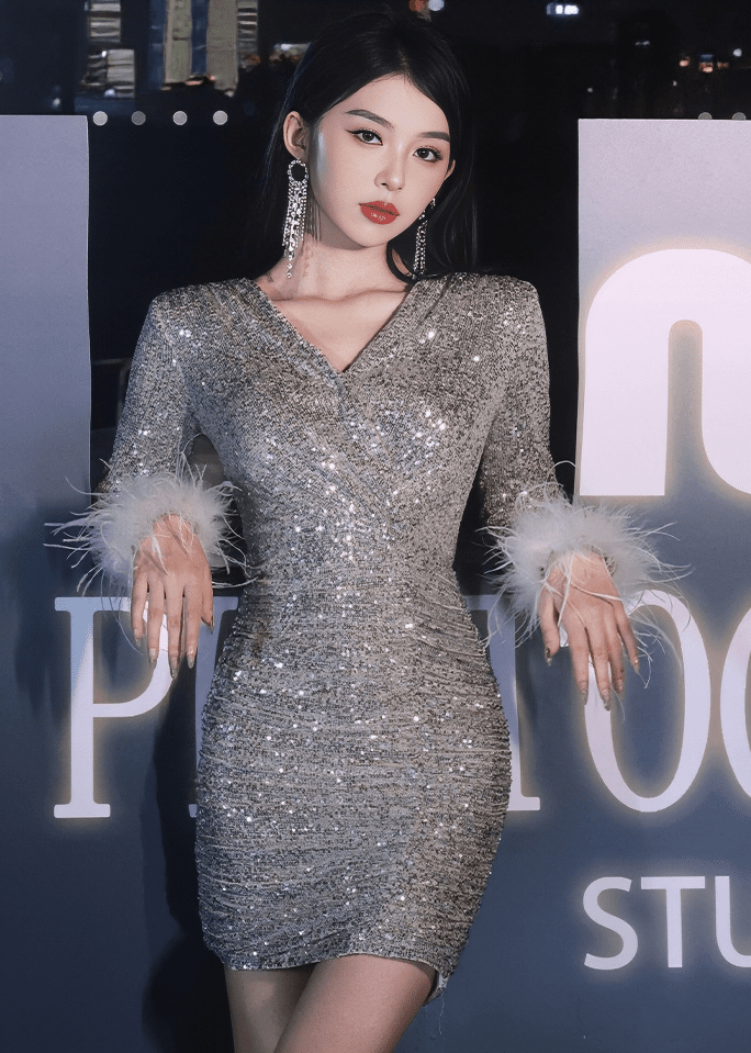 フェザーカフスビジューミニワンピース - Vera Lumina