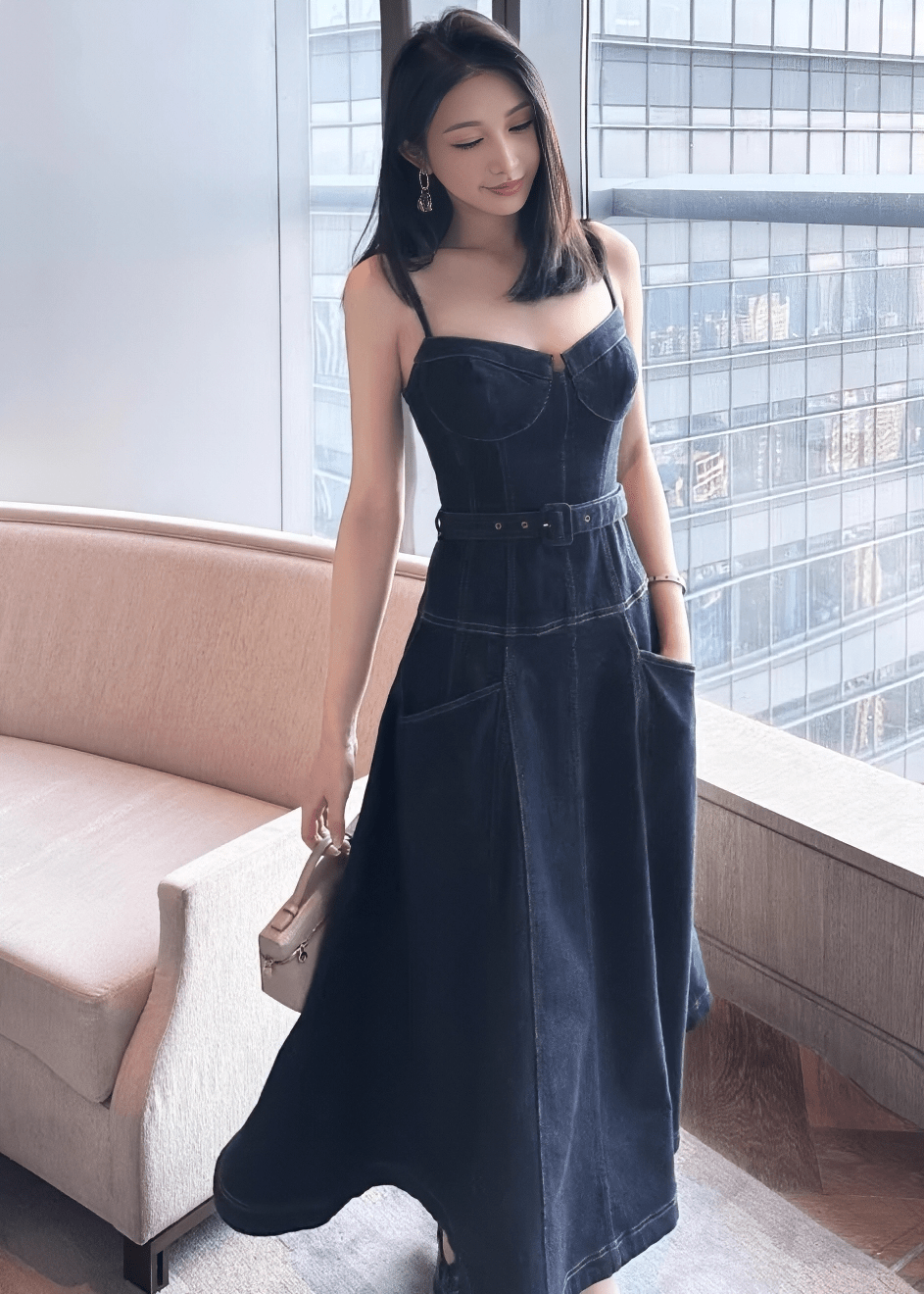 コルセットラインベルトフレアデニムドレス - Vera Lumina